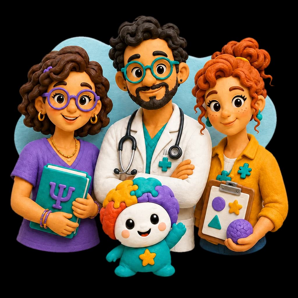 Psicóloga, médico e terapeuta com o Sabidinho, o mascote do app